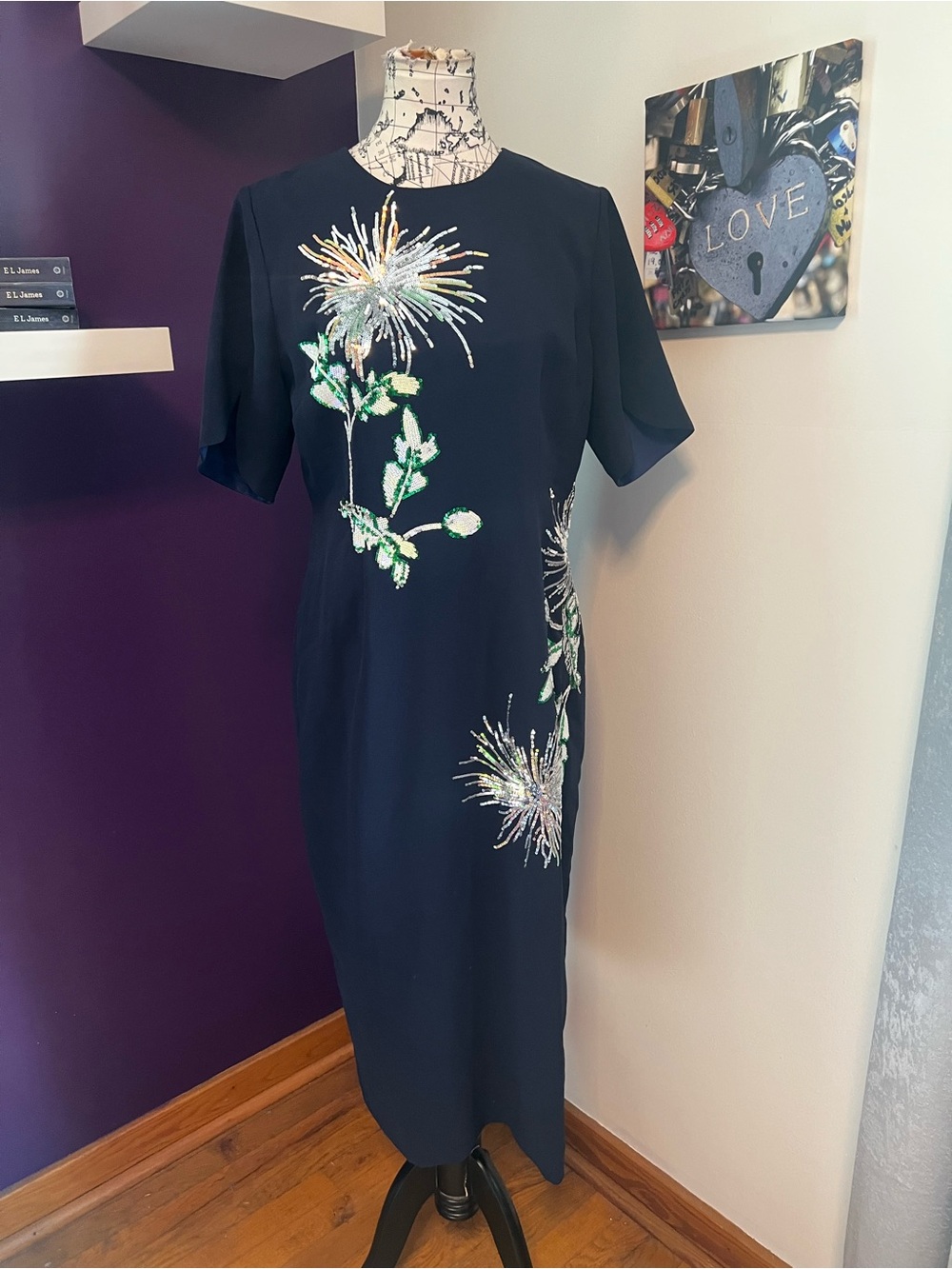 Rich Eadi Q’s Embellished Navy Midi Dress with Sequin Floral Detail NWT